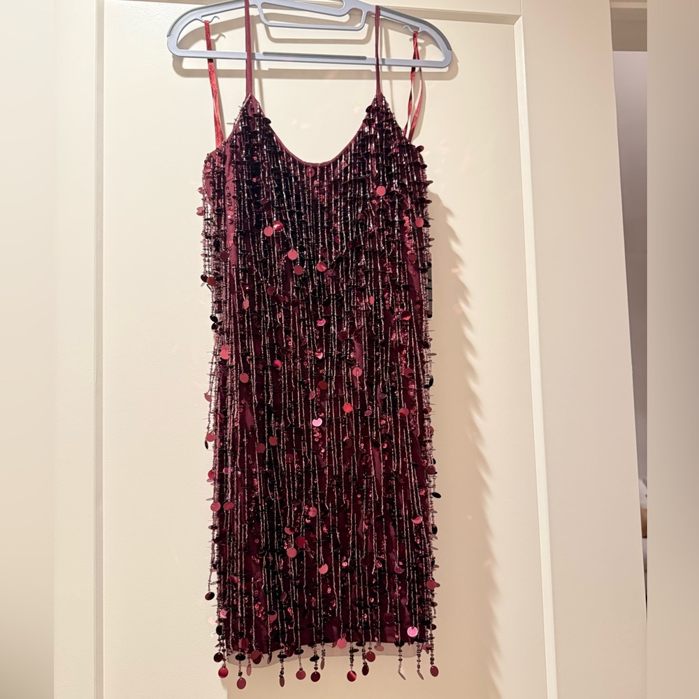 Elegant Bead and sequin embellished, fringe Mini Dress - Burgundy / Dark red